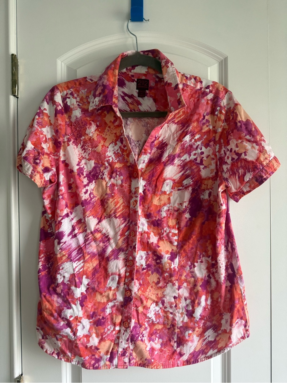 212 Collection Stretch Cotton Blend Top in Multi Pink-Orange Print, Large, EUC